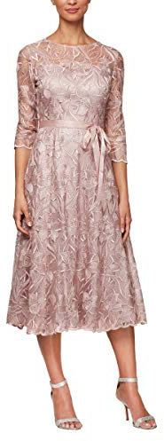 Alex Evenings Damen Cocktailkleid mit Illusionsärmeln Bestickt, Tee-länge, Hochzeitsgäste Kleid fr besondere Anlsse, Rose, 38