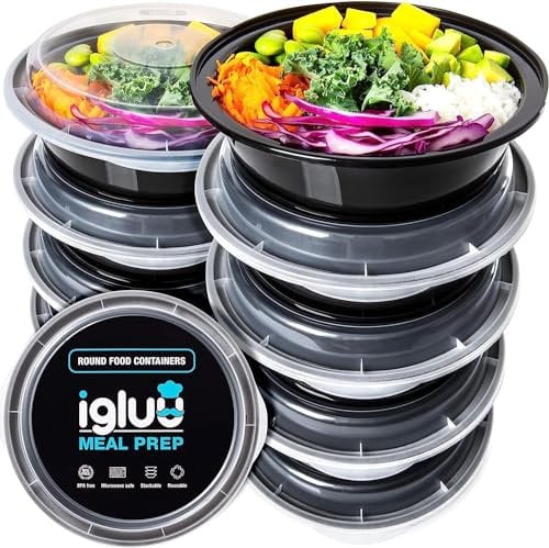 Igluu Meal Prep - [Lot de 10 Boîtes alimentaires rondes pour préparation des repas - Réutilisables, sans BPA - Compatibles Micro-ondes, lave-vaisselle et congélateur