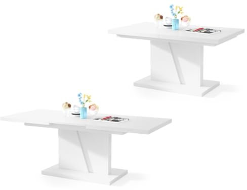 All4All Couchtisch Noel - Kaffeetisch - Wohnzimmertisch – Sofatisch mit Ablagen - Esstisch mit Einlegeplatte - ausklappbar - 120x70cm - 05 - Weiß matt