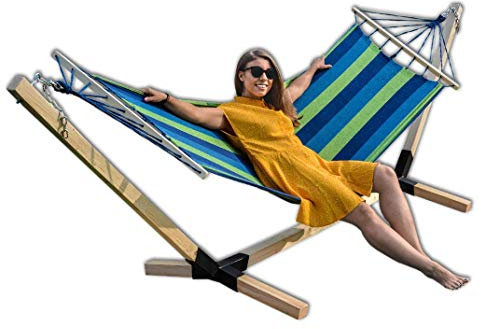 Megaastore Hängematte im Set mit Buchenholzgestell 320 cm | Bis zu 150kg | Outdoor Hängemattengestell Holz Gestell wetterfest, Stabhängematte (Blau)