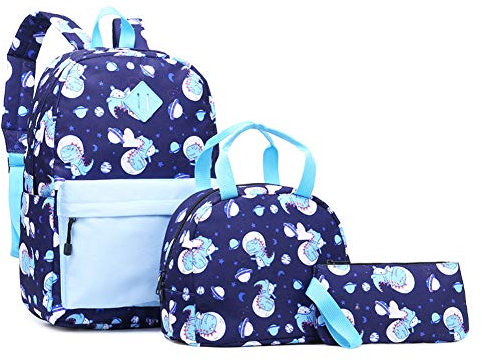 NANANA 3-stück Set Kinder Schule Umhängetaschen, Kinder Schultaschen Set Kleiner Dinosaurier Pattern Schulrucksäcke Rucksack mit Lunchpaket + Mäppchen, 2 Größen,Blau,S