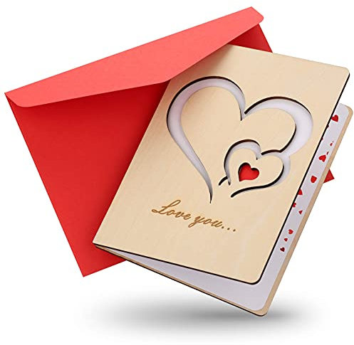 Holz Jubiläumskarte mit Umschlag Valentinstag Karte für Frauen Frau Freundin Ehemann Freund Geburtstagskarte mit Herz Hölzerne Grußkarte zum Valentinstag Jubiläum Geburtstag(Liebe Dich)
