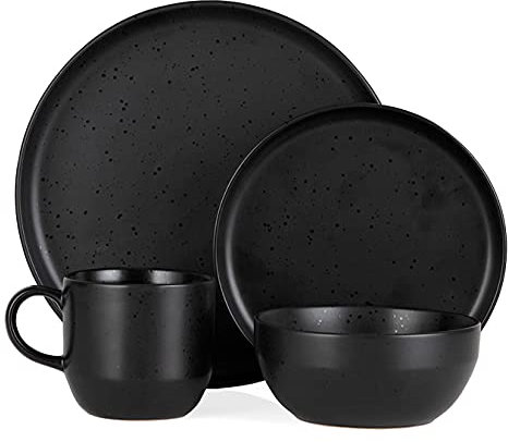 Barbary & Oak BO867005BLK Luna 16 Piece Dinnerware Set, Stoneware, Matte Black with Gloss Speckle