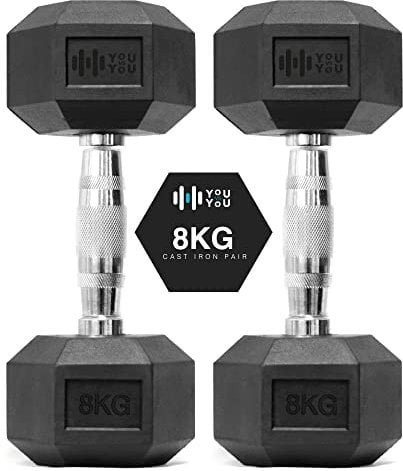 You vs You Hex Dumbbells Weights Pair for Home Exercise | 8kg Set of 2 Hexagonal Weight Rubber Encased for Home Fitness Gym Workouts Training Muscle Building & Conditioning | Unisex | Strength Fit
