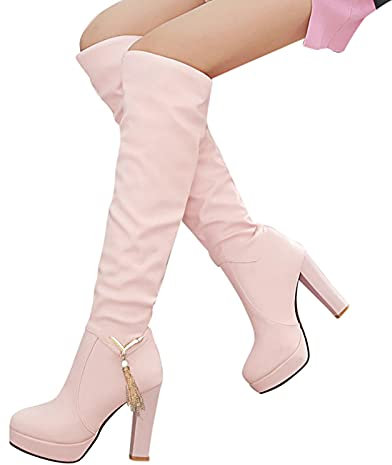 LLDG Damen Langschaft Stiefel Mode High Heel Boot Overknee Stiefel Plateau Stiefel mit Blockabsatz Vintage Hohe Ritterstiefel zum Schnüren Plattform Reitstiefel Elegante Kleid Stiefel