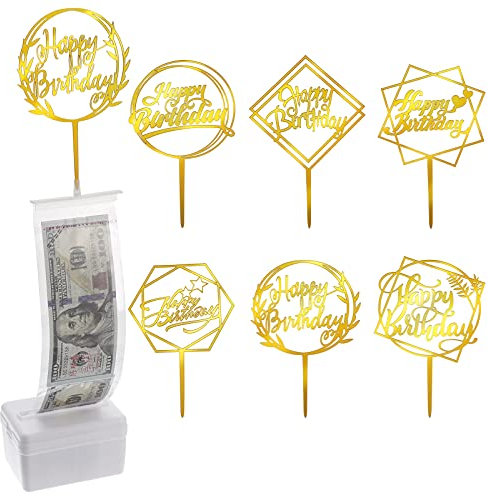 FANTESI Cake Money Box Kit, 107 Pieces Money Cake Pull Out Kit Reusable Money Pulling Box with 100 Transparent Bag and 6 Happy Birthday Cupcake Topper for Cake Decoration Party Supplies (Gold)