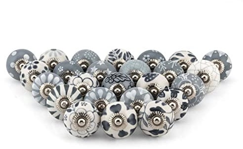 Craft Trade Dresser Knobs for Cabinets and Drawers - Assorted Ceramic Pull Handle for Kitchen Cupboard Wardrobe Decorative Furniture Hardware - Grey - Pack of 25