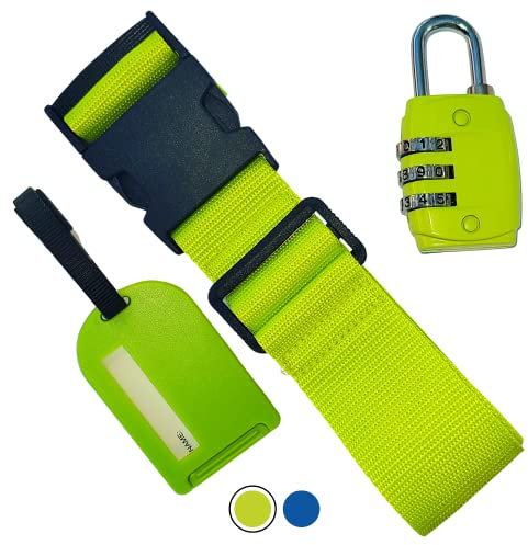 Sangle Valise, Porte étiquette, Cadenas à Chiffre. Set Pistache - Accessoires Bagages Cabine Avion, Ceinture à Boucle, Cadenas mollette. Voyager en Toute sécurité. Voyage en Famille, Professionnel