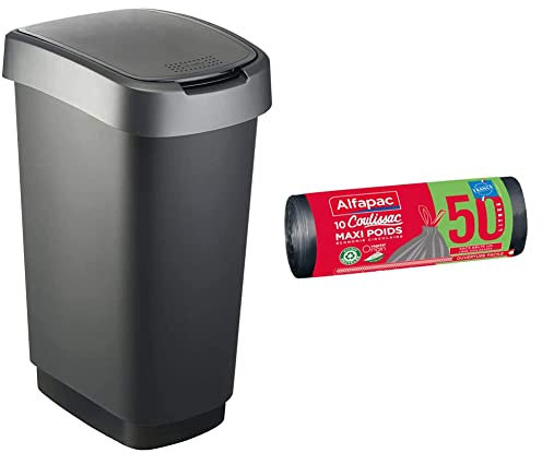 Rotho 1754508850 Poubelle de cuisine Twist avec couvercle en deux positions & ALFAPAC - 10 sacs 50L à liens coulissants - Sacs-Poubelle Maxi-Poids - Éco-responsables : mélange de matière recyclée