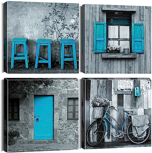 Artscope 4 Pièces Vintage Impression sur Toile - Bleu et Gris Impression sur Toile Décoration Murale pour Chambre Peintures à l'huile pour Maison Bain Salon Chambre Restaurant 30x30cm