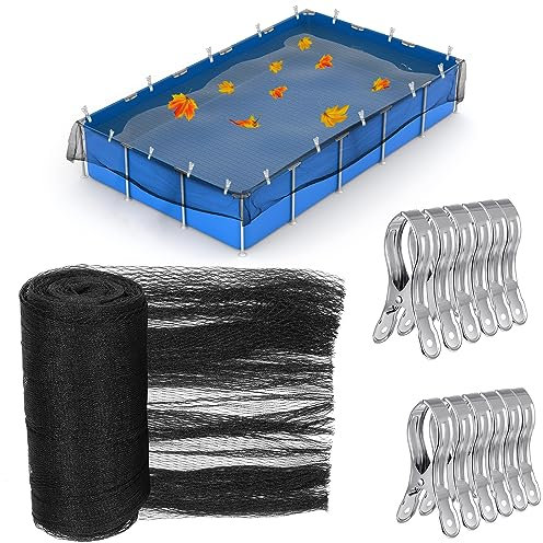 Therwen Pool Leaf Net Cover, Above Ground Pool Leaf Net Winter Cover Mesh Covers with 12 Large Metal Clips, Black(Fits for 14' x 8'2'')