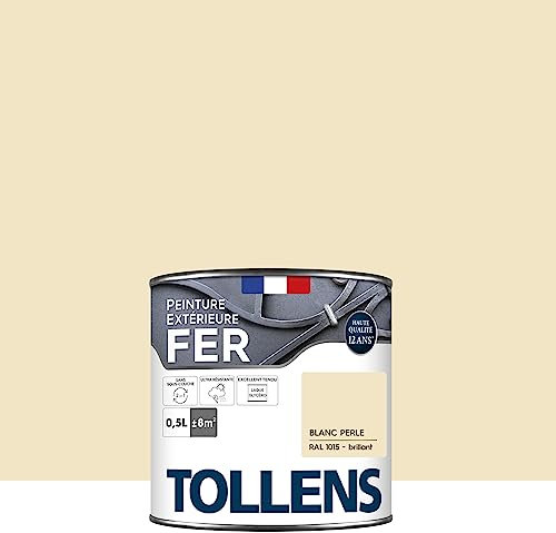 Tollens - Peinture extérieure fer 2 en 1 - Ultra Résistante - Protection antirouille - Laque Riche en Résine - Sans Sous-Couche - Entretien Facile - Brillant - Blanc Perle - 0,5L = 8m2