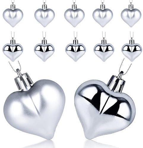 SECALIFE 12 Pieces Silver Heart Baubles Shiny and Matte Heart Baubles for Christmas Tree Decorations Heart Shaped Bauble Hearts Christmas Ornament Hanging Tree Pendants, 4.5CM
