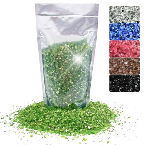 Oniro Art 400g Broken Crushed Glass Chips 1-4mm Reflective Mirrored Granules Gravel Chunks Stones Vase Filler Garden Plants Resin Irregular (Green, 400g)