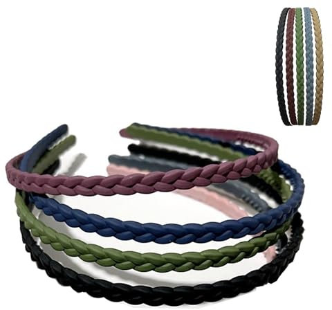 CLKE Lot de 5 bandeaux fins pour filles - Bandeaux en plastique - Serre-tête tressé - Serre-tête bleu - Serre-tête vert - Serre-tête noir - Serre-tête marron - Serre-tête gris - Pour femmes et filles