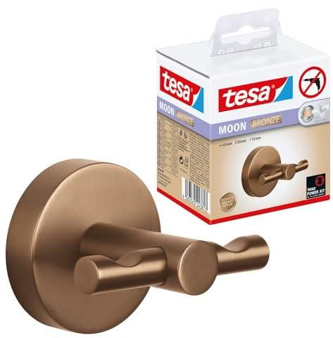tesa MOON BRONZE Bademantelhaken in gebürsteter Bronze - selbstklebender Wandhaken aus PVD-beschichtetem Metall - ohne Bohren, inkl. Klebelösung - 65mm x 50mm x 53mm