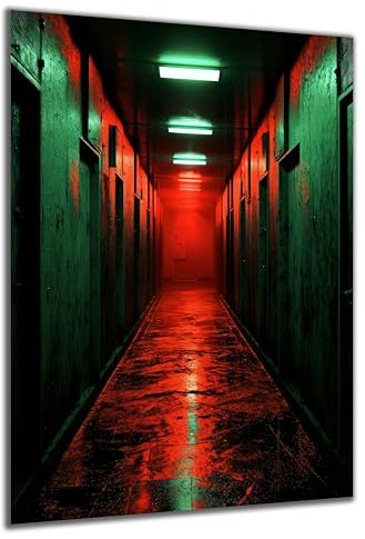 DARO Design - Wand-Bild auf 6mm HDF 30x20 cm Horror Grusel Gang rot grün Licht - Wand-Deko Bilder Geschenk