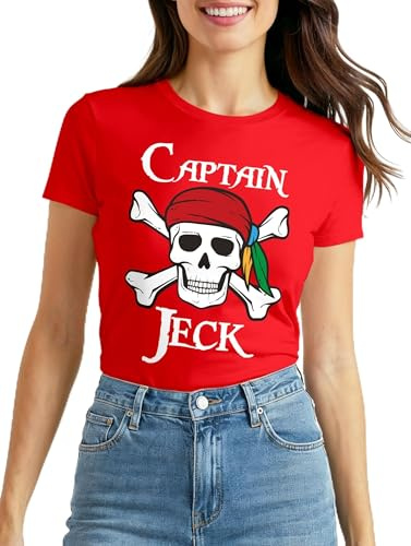 MoonWorks Slim Fit Damen T-Shirt Fasching Karneval Pirat Captain Jeck Kostüm-Ersatz Verkleidung Faschingskostüme Frauen Funshirt Rot M