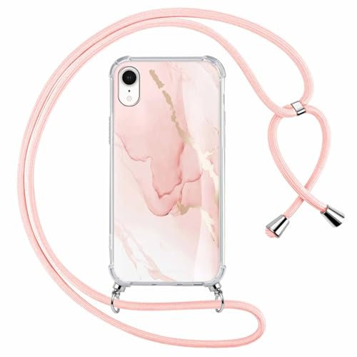 ZhuoFan Handykette für iPhone XR Hülle mit Band, Transparent Aesthetic Marmor Muster Handyhülle mit Kordel zum umhängen Rosa Necklace Case, Silikon + PC Stoßfest Schutzhülle, Gold