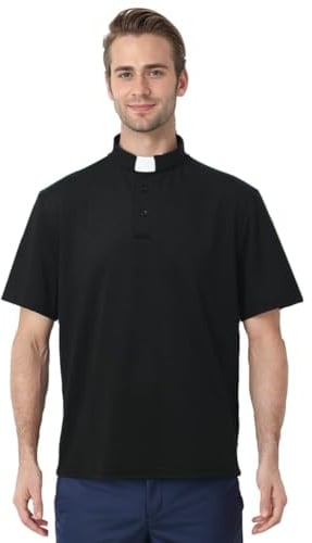 BPURB Prästerlig pikétröja för män präst skjorta kortärmad med gratis slip-in-flik krage för Vicar Pastor predikant minister