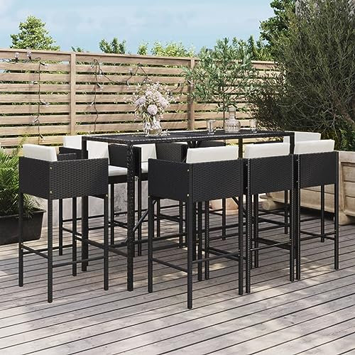 Rantry 9-TLG. Gartenbar-Set mit Kissen Theke Gartentheke Bar Tresen Stehtisch Bartisch Barhocker Barstuhl Sitzgarnitur Gartengarnitur Möbel Gartenmöbel Schwarz Poly Rattan