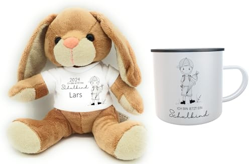 Einschulung Geschenkset Personalisierte Emaille-Tasse & Plüschtier-Hase - für ABC-Schützen 1.Klässler Schulstart (nostalgie Junge)