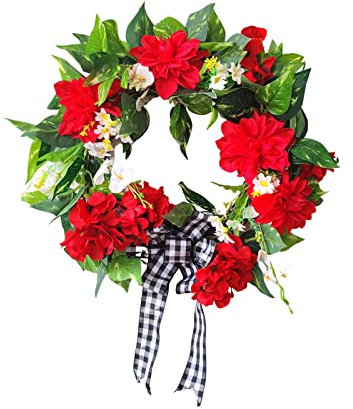 Corona de Geranio Artificial, Flor Falsa de Hortensia, Corona de Simulación de Seda, Corona de Geranio Rojo, Corona Colgante de Primavera Y Verano, Decoración de Pared para Puerta Delantera para(#1)