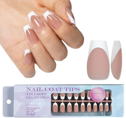DMQ French False Nails Kit, 300Pcs Nude Brown French Press On Nails Short, Coffin French Nail Tips Acrylic Fake Nails, 15 Sizes Soft Gel Fake Nails for Women Girls Women White Tip Nail Art