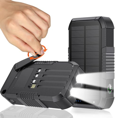 FALUOSHI Solar Power Bank, 66800mAh, Hand Crank, 22.5W USB-C Fast Charging, 6 Outputs & 4 Inputs, SOS/Strobe/Compass, for Camping/Hiking/Trips (Black)