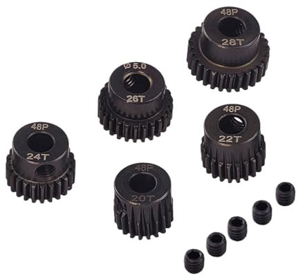 5 Stück 48DP RC Motor Ritzel, 5mm Wellenloch 20T 22T 24T 26T 28T Motorgetriebe mit Schrauben, Stahl Metall Motor Zahnradsätze Kompatibel mit 1/10 RC Auto Ersatzteile