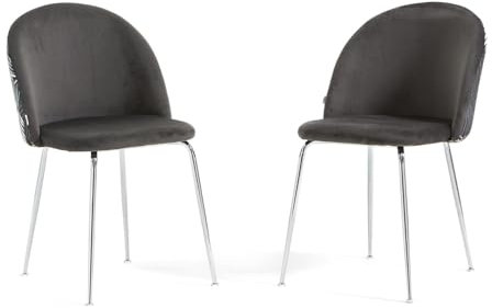 RATTATAN Sara - 2 Stühle in schlichtem oder Teddy-Samt für den Innenbereich mit Metallbeinen (Beine Silber, Samt Graue Farne)