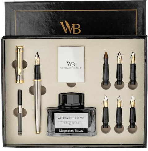 Wordsworth & Black Set Regalo Penna di Calligrafia, Include Bottiglia di Inchiostro, 6 Cartucce d'Inchiostro, Convertitore di Ricarica d'Inchiostro 6 Punte di Ricambio, Pacchetto Premium[Argento Oro]