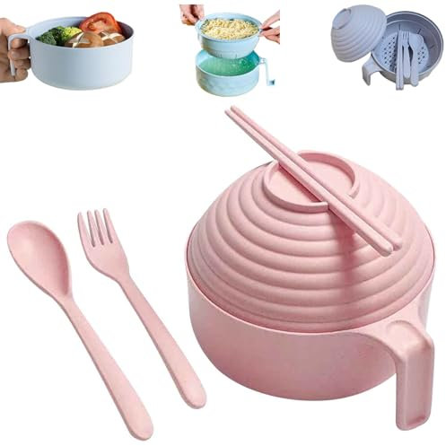 Microwave Ramen Bowl, Ramen Bowl Set with Chopsticks, Spoon and Fork, Microwave Noodle Bowl with Lid, Rapid Portable Ramen Cooker, for Dorm, Home, Office (Pink)