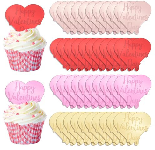 URROMA Bunte Cupcake-Aufsätze zum Valentinstag, 40 Stück, reflektierende Kuchenwürfel, herzförmige Acryl-Kuchenschilder, Spiegel-Kuchen-Anhänger für Valentinstagsgeschenk, Dekoration