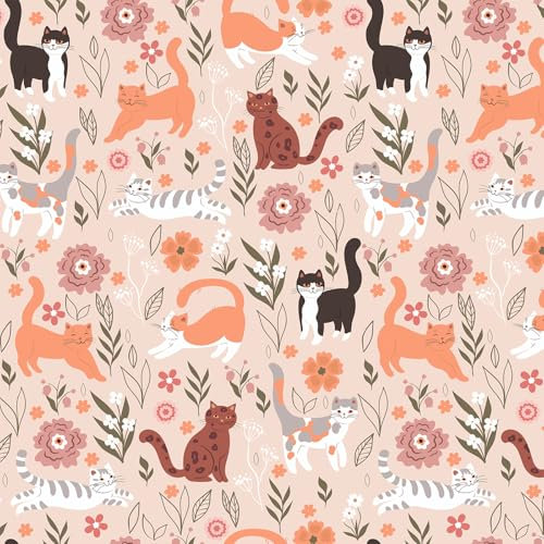 VEELIKE Pink Chasing Cat Wallpaper Self Adhesive Cute Kitten Floral Peel and Stick Wallpaper for Kids Room Playroom 44.5cm x 300cm Pink Animal Contact Paper Removable Nursery Patterned