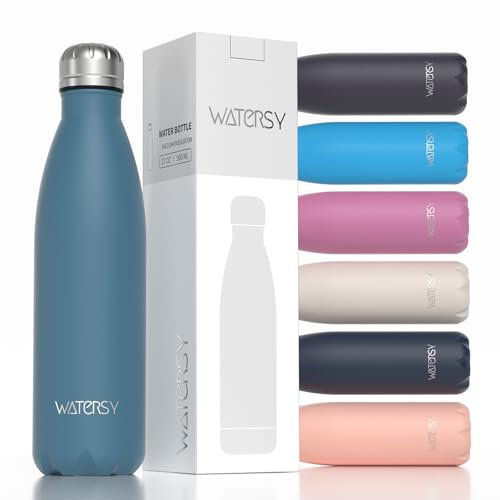 WATERSY Stainless Steel Insulated Water Bottle, Double Walled Metal Vacuum Flask Keep 24 Hrs Cold & 12 Hrs Hot Thermal Metal Sports Bottles 500ml BPA Free for Outdoor, Work, Gym, School (Smog Blue)