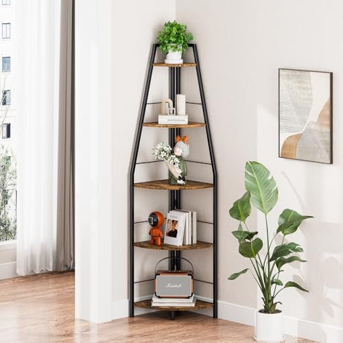 Gemfurque Rustic Tall Corner Ladder Shelf Stand, 5 Tier Industrial Corner Bookshelf, Narrow Large Standing Shelf, Display Wooden Shelving Unit Shelf for Living Room, Bedroom, Office (Rustic Brown)