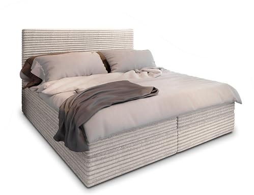 Masseno Boxspringbett PISA 140x200 cm Komplett-Set mit Matratze und Topper, Polsterbett mit Zwei Bettkästen -Creme, TILIA 03