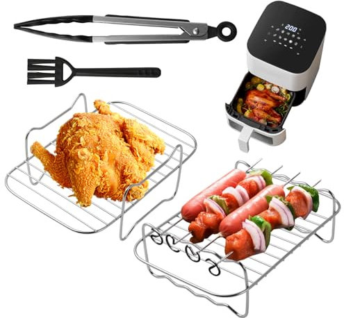 FHISKUNYU Accesorios Freidora de Aire 8 Piezas - Rejilla Air Fryer, Parrilla, 4 Varillas, Cepillo y Pinza - Accesorios Sin Aceite Compatible Ninja DZ201/401/550