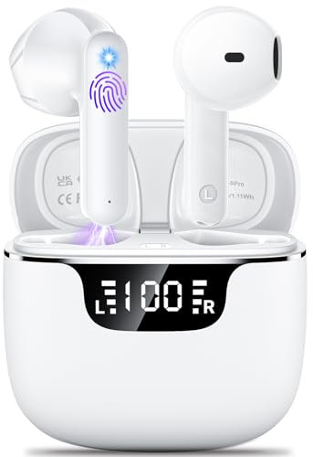 Cuffie Bluetooth, Auricolari Bluetooth 5.4 HiFi Stereo con 4 Mic ENC Cuffie Wireless Mini Cancellazione Rumore LED Cuffiette Senza Fili Sport IP6 Impermeabile 42 Ore Display USB-C Touch Control Bianco