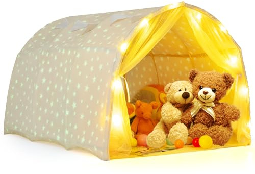 COSTWAY Kids Bed Tent, Glow in the Dark Play Tents with String Lights, Flags, Curtains, Indoor Dream Tunnel Playhouse for Boys Girls