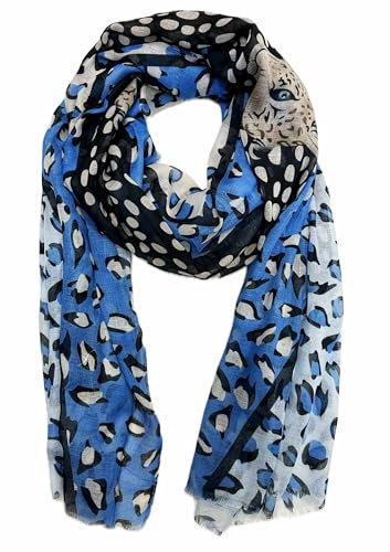 Jeamis XL Fashion Gepard Frühling Schals Leopard Sommer Halstuch Übergangsschal Baumwolle Stola Tuch Leo (Blau)