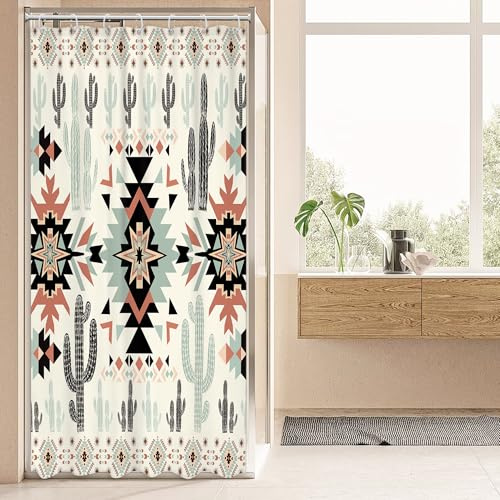 Newsely Westlicher Rv Wohnwagen-Kleiner Duschvorhang Azteken-Kaktus-Stil 91,4 x 182,9 cm Badvorhang Suwest Badezimmer Set Boho Geometrische Ethnische Ethnische Stil Duschvorhang Wasserdicht für