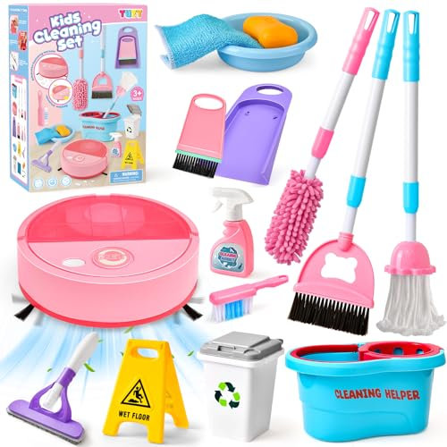 Tacobear Set di Pulizia per Bambini, Set da Gioco con Aspirapolvere Giocattolo Elettrico, Scopa, Mocio, Paletta e Accessori, Giocattoli di Ruolo Educativi Regalo per Bambine 3 4 5 6 Anni