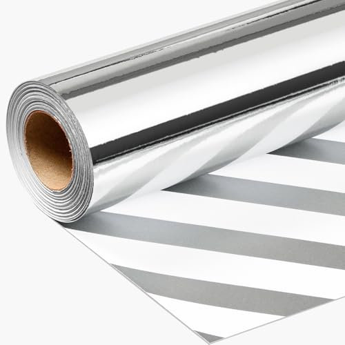 Wikadlik Silbernes Geschenkpapier – Metallic-Silber, einfarbig und gestreift, wendbares Geschenkpapier für Geburtstag, Jahrestag, Weihnachten, Vatertag, 43 cm x 10 m, Mini-Rolle