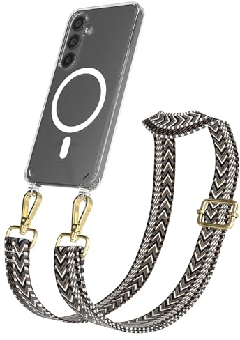 EAZY CASE Handykette - Verstellbares Taschenband kompatibel mit Galaxy S24, Schulterriemen, Handykordel mit Silikon Hülle, Qi Charging kompatibel, Umhängetasche, Grau Schwarz Gold