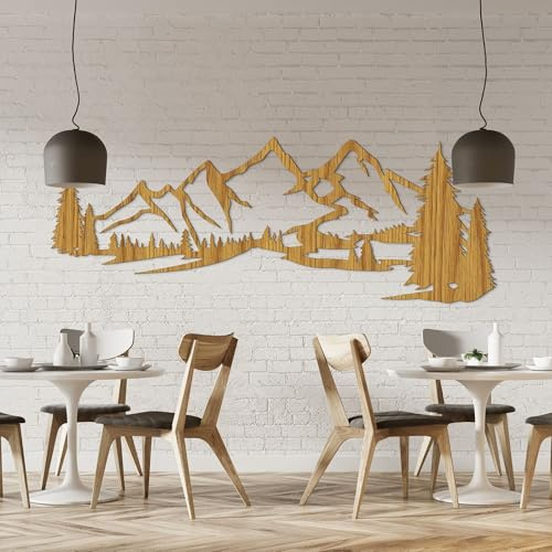SENTOP HDF0414 Wanddekoration aus Holz – Wandbild Berge & Wald – Natur Holzdeko für Wohnzimmer, Schlafzimmer & Büro – Handgemachte Wandkunst aus Eiche (Eiche, 115 x 42 cm)
