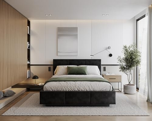 FDM Polsterbett mit Bettkasten 90x200 120x200 140x200 160x200 180x200 cm – Stauraumbett aus Velours, gepolstertes Kopfteil, Lattenrost & Metallrahmen, klappbar, Made IN EU (Schwarz, 140x200)