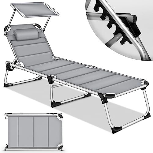 tillvex® Sonnenliege mit Dach und Kopfkissen | Gartenliege Liegestuhl klappbar | Strandliege mit Verstellbarer Rückenlehne | Aluminium Liege (Grau, Liege (mit Polster Premium))