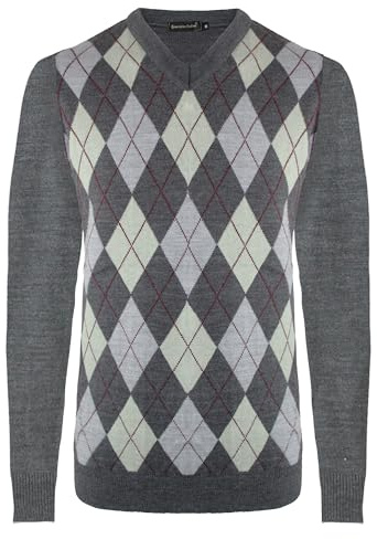 Generation Fashion New Men Knitted Long Sleeve V-Neck Argyle Pattern Jumper Top Sweater with Ribbed Edge S-XXL